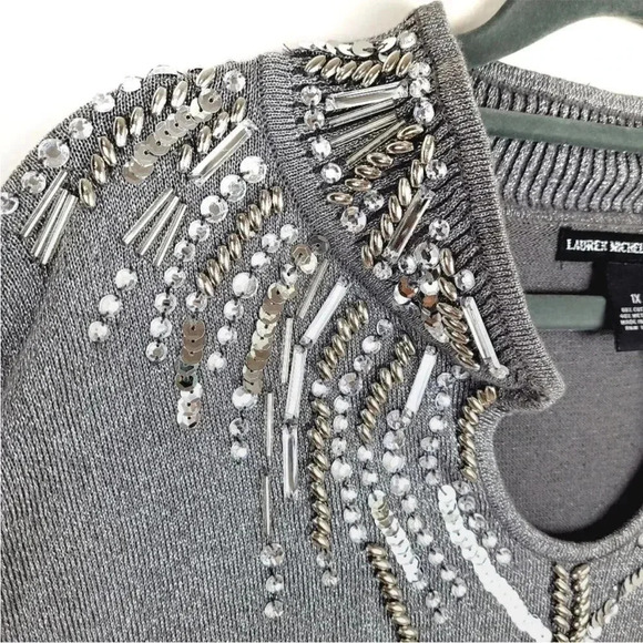 Y2K McBling Indie Sleaze Silver Rhinestone Keyhole Neck Sweater XL - Picture 3 of 10